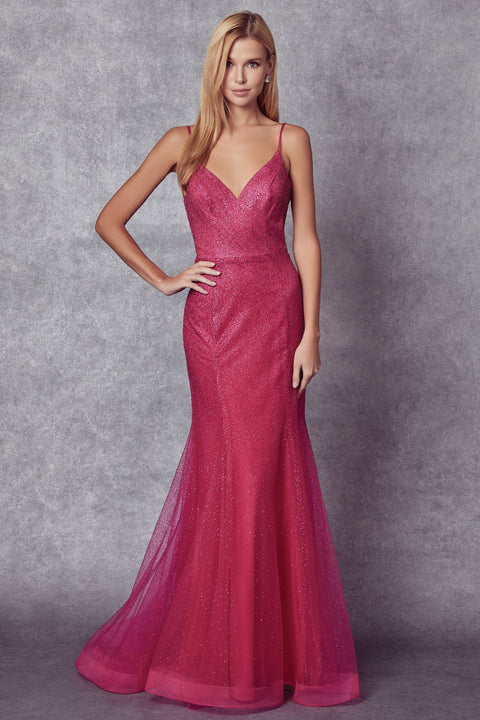 Fitted V-Neck Gown with Glitter Mesh by Juliet 271