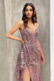 Cinderella Divine J856's V-Neck Peplum Gown with Fitted Glitter Print