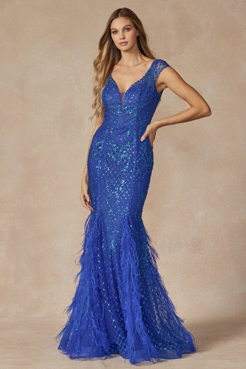 Juliet 286's Fitted Gown with Glitter, Short Sleeves, and Feather Embellishments