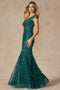 Juliet 286's Fitted Gown with Glitter, Short Sleeves, and Feather Embellishments