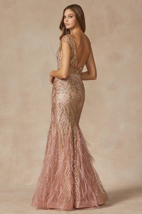 Juliet 286's Fitted Gown with Glitter, Short Sleeves, and Feather Embellishments