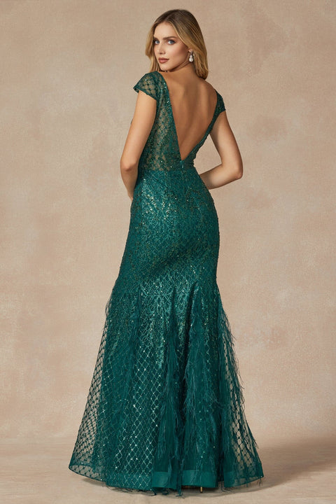 Juliet 286's Fitted Gown with Glitter, Short Sleeves, and Feather Embellishments