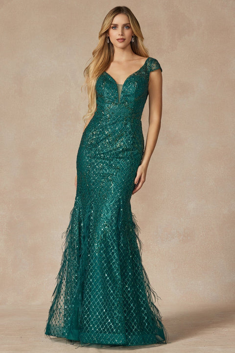 Juliet 286's Fitted Gown with Glitter, Short Sleeves, and Feather Embellishments