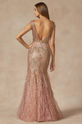 Juliet 286's Fitted Gown with Glitter, Short Sleeves, and Feather Embellishments