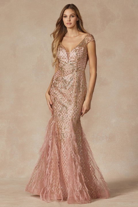 Juliet 286's Fitted Gown with Glitter, Short Sleeves, and Feather Embellishments