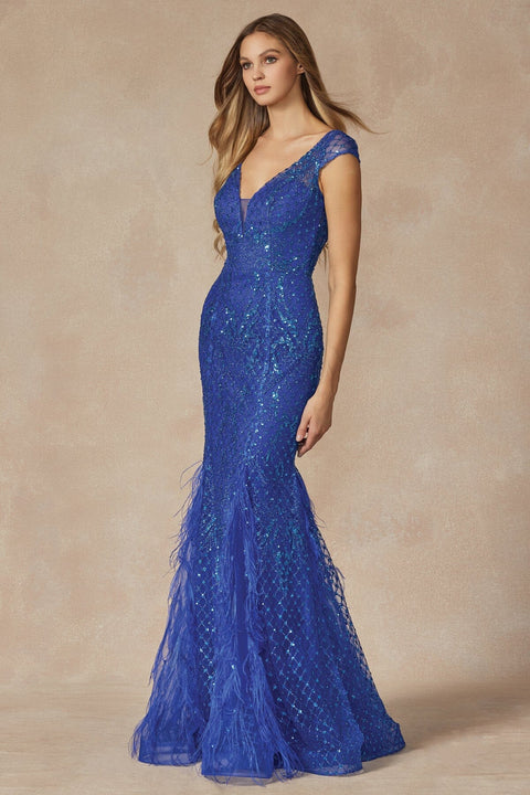 Juliet 286's Fitted Gown with Glitter, Short Sleeves, and Feather Embellishments