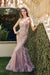 Juliet 286's Fitted Gown with Glitter, Short Sleeves, and Feather Embellishments