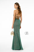 Elizabeth K GL1831's Fitted Long Crepe Dress with Glitter and Corset Back
