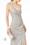 Elizabeth K GL1831's Fitted Long Crepe Dress with Glitter and Corset Back