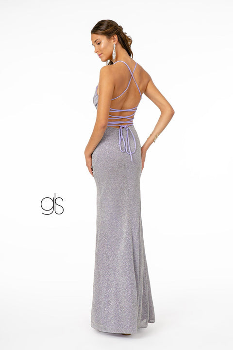 Elizabeth K GL1831's Fitted Long Crepe Dress with Glitter and Corset Back