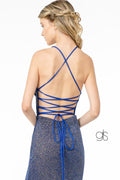 Elizabeth K GL1831's Fitted Long Crepe Dress with Glitter and Corset Back