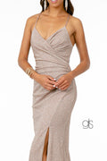 Elizabeth K GL1831's Fitted Long Crepe Dress with Glitter and Corset Back