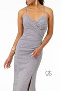 Elizabeth K GL1831's Fitted Long Crepe Dress with Glitter and Corset Back