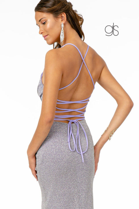 Elizabeth K GL1831's Fitted Long Crepe Dress with Glitter and Corset Back