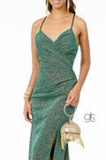 Elizabeth K GL1831's Fitted Long Crepe Dress with Glitter and Corset Back