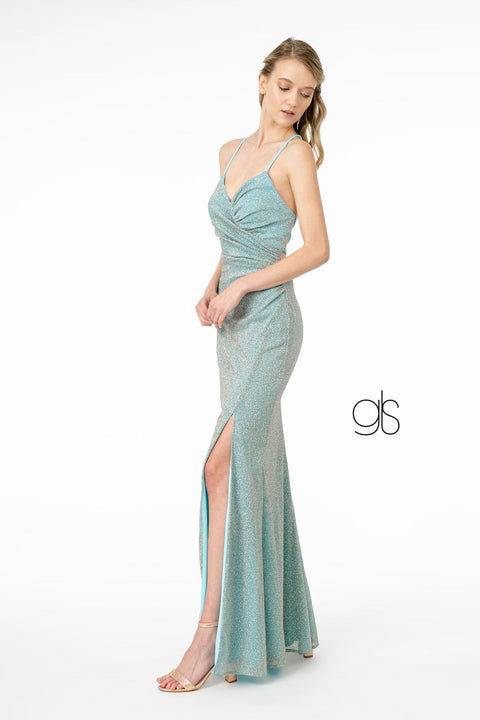 Elizabeth K GL1831's Fitted Long Crepe Dress with Glitter and Corset Back