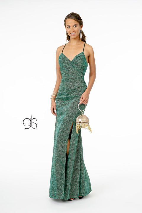 Elizabeth K GL1831's Fitted Long Crepe Dress with Glitter and Corset Back