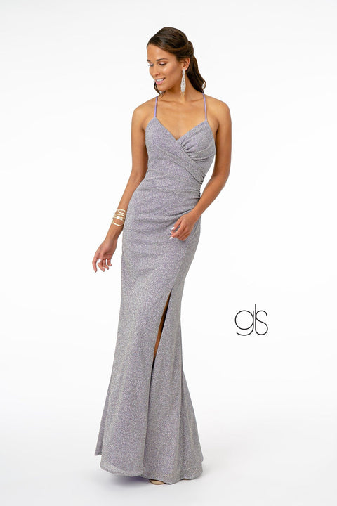 Elizabeth K GL1831's Fitted Long Crepe Dress with Glitter and Corset Back