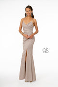 Elizabeth K GL1831's Fitted Long Crepe Dress with Glitter and Corset Back