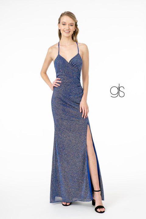 Elizabeth K GL1831's Fitted Long Crepe Dress with Glitter and Corset Back
