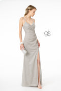 Elizabeth K GL1831's Fitted Long Crepe Dress with Glitter and Corset Back