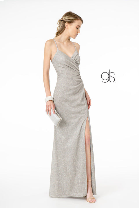 Elizabeth K GL1831's Fitted Long Crepe Dress with Glitter and Corset Back