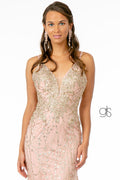 Elizabeth K GL2938's Fitted Long Glitter Dress with Corset Back
