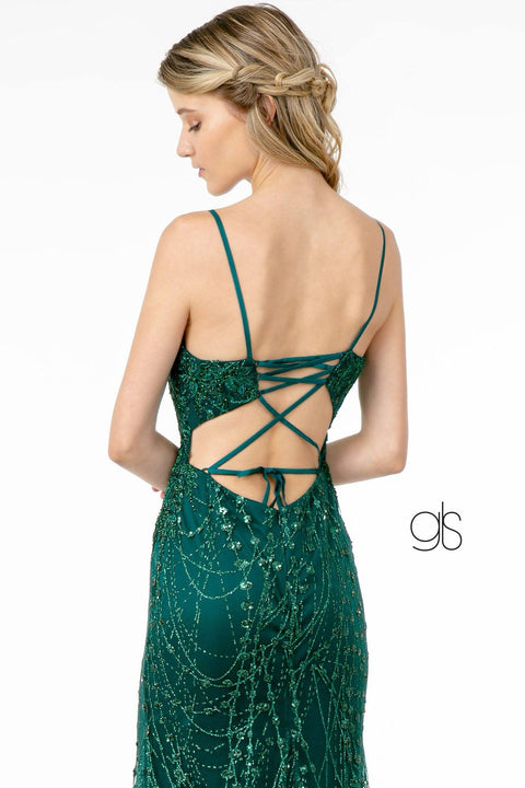 Elizabeth K GL2938's Fitted Long Glitter Dress with Corset Back