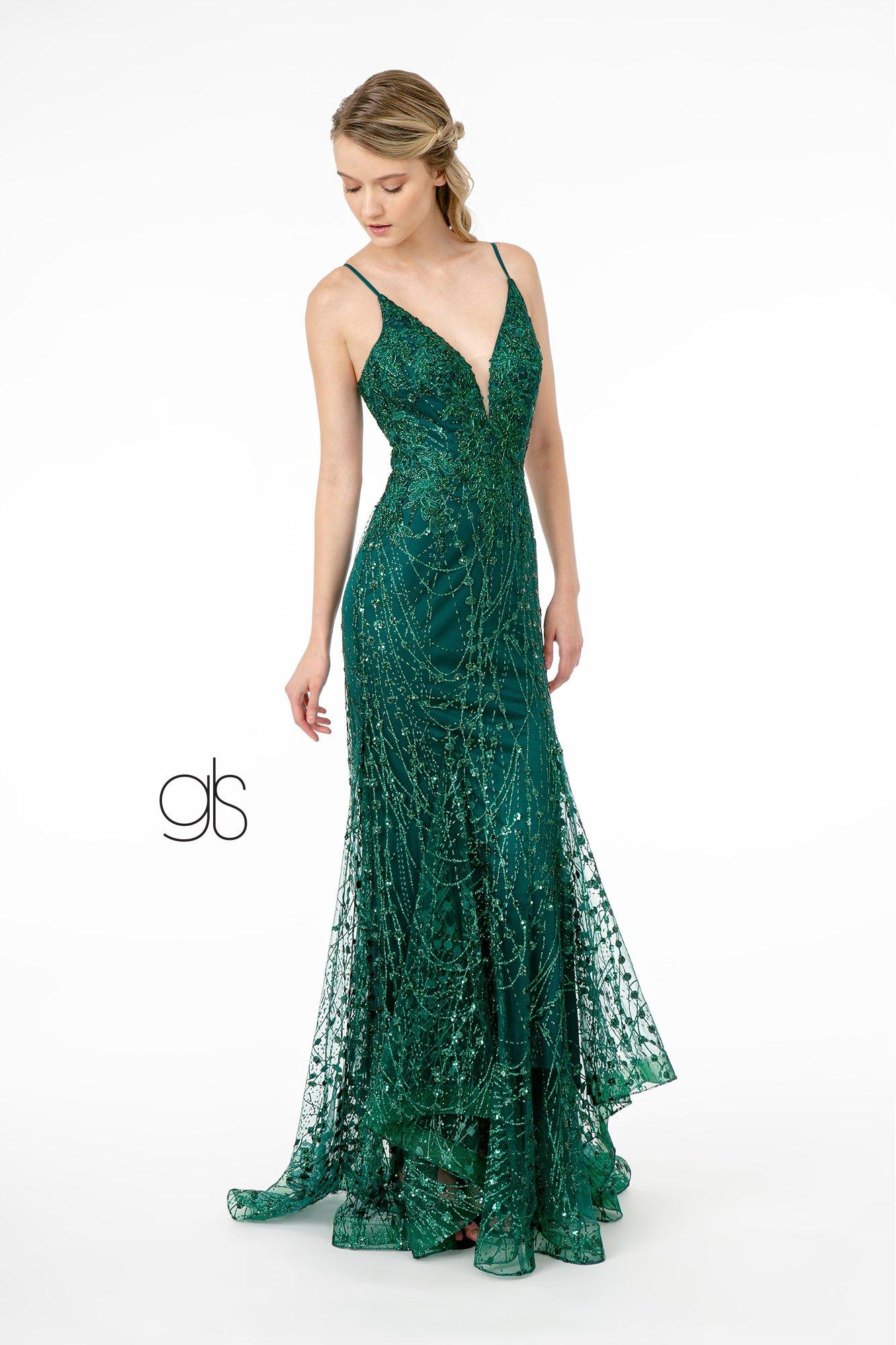 Elizabeth K GL2938's Fitted Long Glitter Dress with Corset Back sheerdreamz