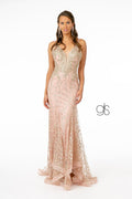 Elizabeth K GL2938's Fitted Long Glitter Dress with Corset Back