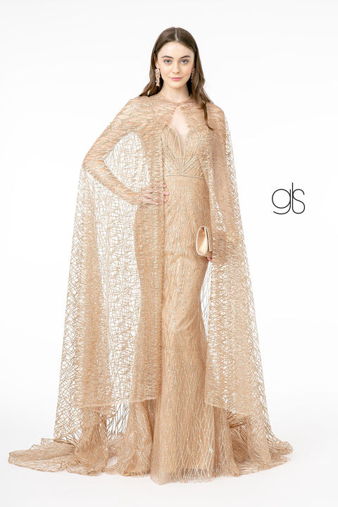 Fitted Long Glitter Print Dress with Cape by Elizabeth K GL1830