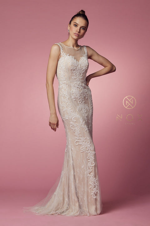 Long Fitted  Lace Applique Sleeveless Dress by Nox Anabel E1006