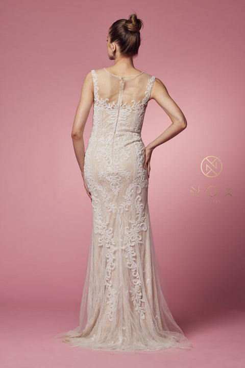 Long Fitted  Lace Applique Sleeveless Dress by Nox Anabel E1006