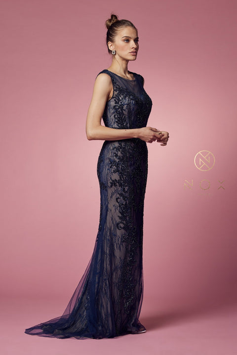 Long Fitted  Lace Applique Sleeveless Dress by Nox Anabel E1006