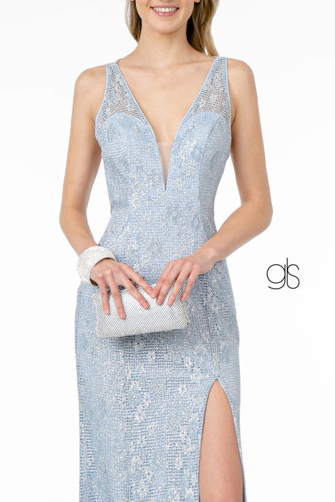 Elizabeth K GL2898: Long Fitted Metallic Floral Lace Dress