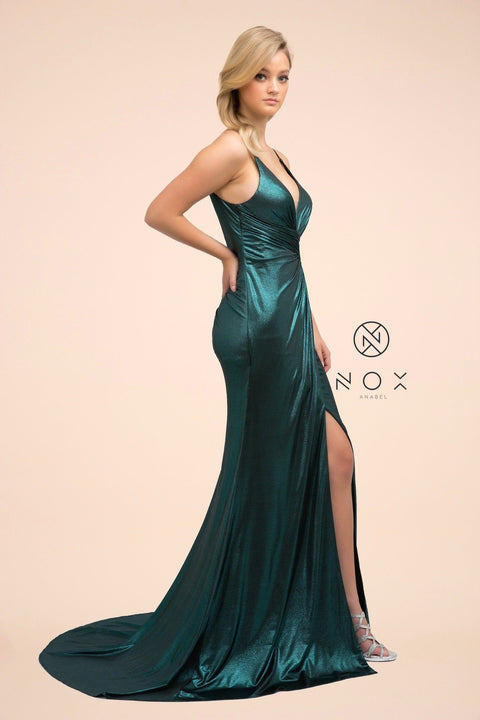 Metallic Fitted Long Spandex V-Neck Dress by Nox Anabel E365