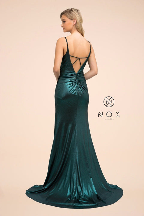 Metallic Fitted Long Spandex V-Neck Dress by Nox Anabel E365