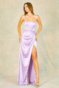 Adora 3103: Fitted Long Satin Dress with Corset and Slit
