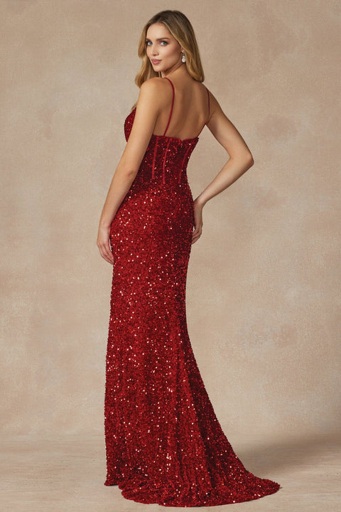 Long Fitted Sequin Velvet Corset Dress by Juliet 2408