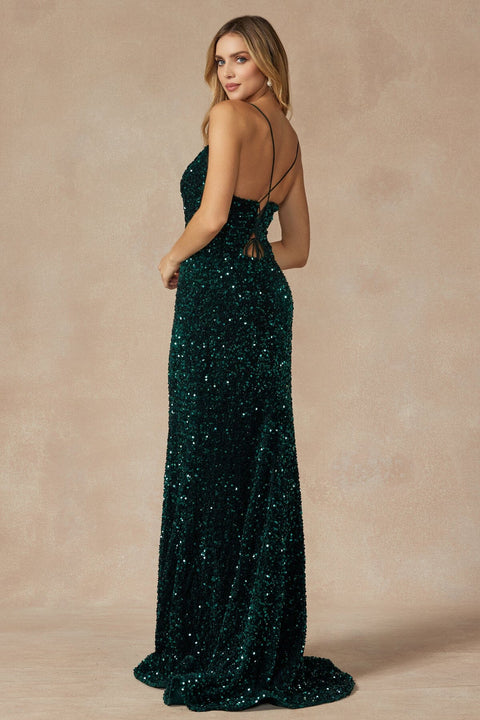 Juliet 2406: Sleeveless Fitted Long Sequin Velvet Dress