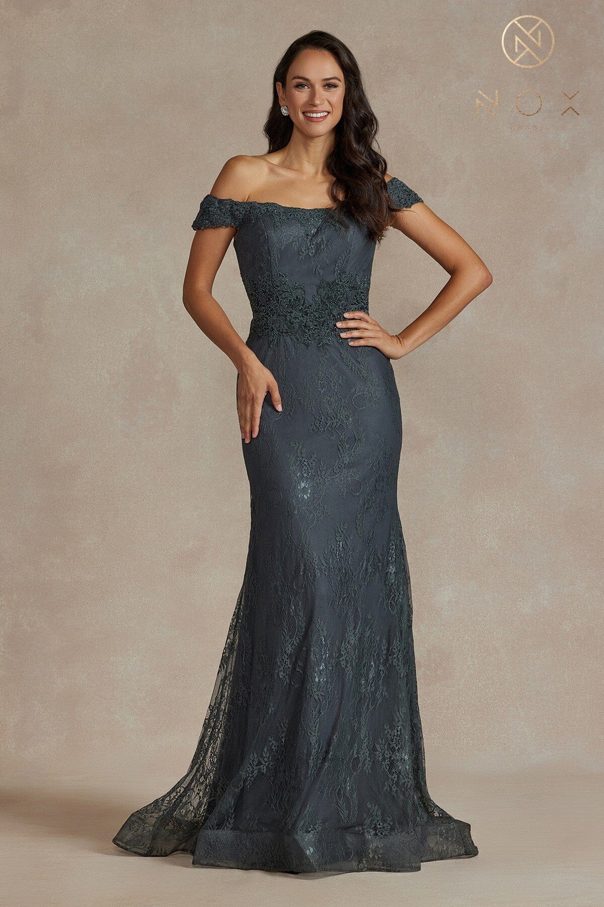 Off Shoulder Fitted Lace Gown by Nox Anabel JQ501