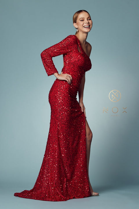 One Sleeve Fitted Sequin Gown by Nox Anabel S1013
