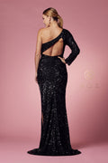 One Sleeve Fitted Sequin Gown by Nox Anabel S1013