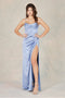 Adora 3102: Fitted Satin Gown with Corset, Cowl Neck, and Slit