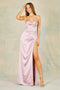 Adora 3102: Fitted Satin Gown with Corset, Cowl Neck, and Slit