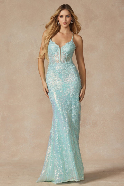 Juliet 2405: Fitted Gown with Sequin Applique and Lace-Up Back