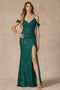 Juliet 2410: Fitted Sequin Cold Shoulder Gown with Slit