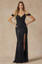 Juliet 2410: Fitted Sequin Cold Shoulder Gown with Slit