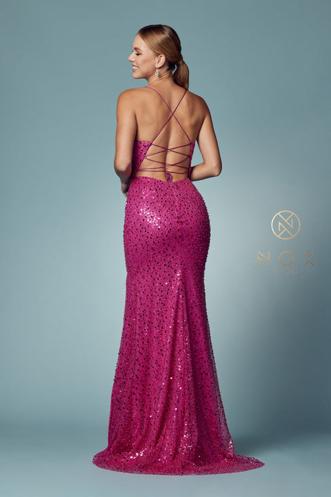 Sequin Fitted Lace-Up Back Gown by Nox Anabel R1031