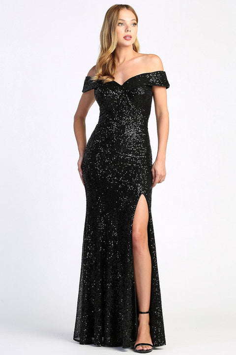 Adora 3059: Fitted Sequin Off Shoulder Gown with Slit